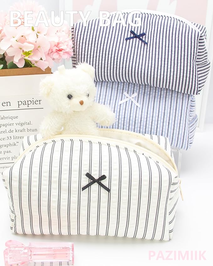 PAZIMIIK 6PCS Cozy Makeup Bag Small Aesthetic Travel Zipper Cosmetic Pouch for Women Make Up Beauty Accessories Brushes, Stripe Black