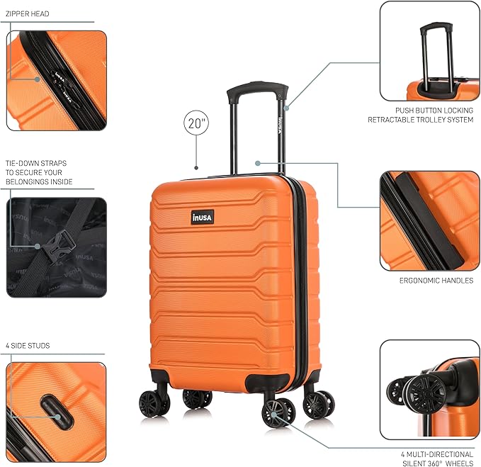InUSA TREND Luggage with Spinner Wheels | Durable Lightweight Hardshell Suitcase, Travel bag with Handle and Trolley, 20-Inch Carry On Small Luggage | Orange