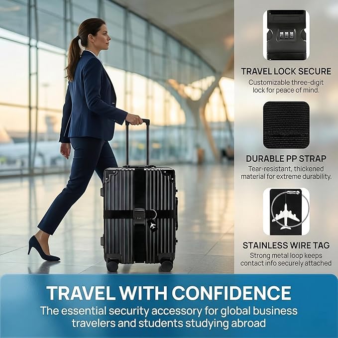 4-piece Set of Lockable Luggage Straps - Two Luggage Straps and Two Luggage Tags to Protect Your Luggage from Bursting, Suitable for suitcases 20-32 in(Red Password Lock)