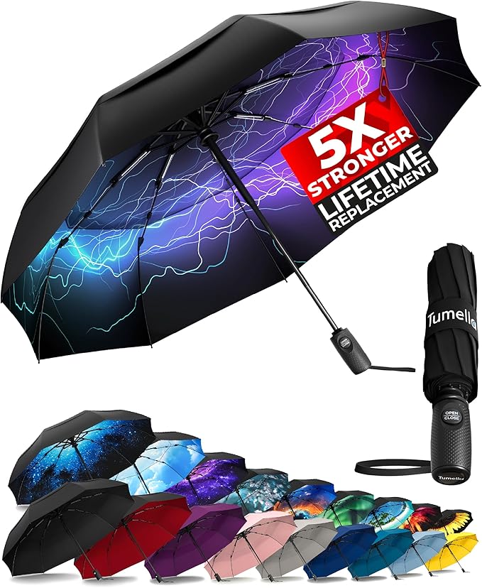 TUMELLA Strongest Windproof Travel Umbrella (Compact, Superior & Beautiful), Small, Wind-Tested, Light & Portable, Automatic Folding Rain Umbrella, Durable Premium Grip, Fits Car and Backpack