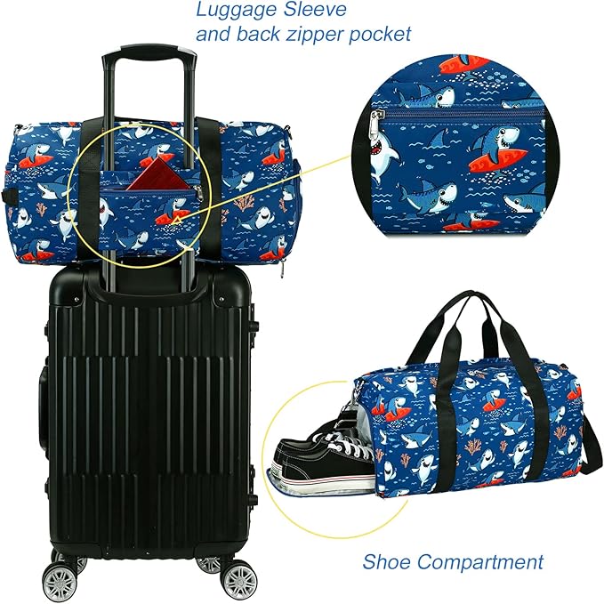 CAMTOP Kids Duffel Overnight Bag for Boys and Girls Toddler Carry-On Size Tote for Travel Duffle Gym Sport (Shark-Dark Blue)