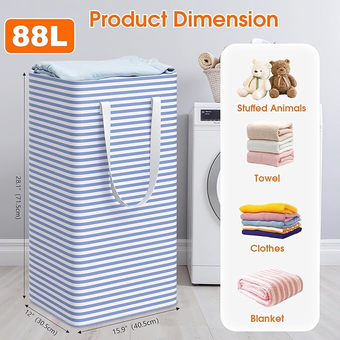 3 Pack Large Laundry Basket,Waterproof & Freestanding Laundry Hamper,Collapsible Clothes Hampers with Easy Carry Long & Reinforced Handles in Bathroom,College Dorm(88Lx3,Blue)