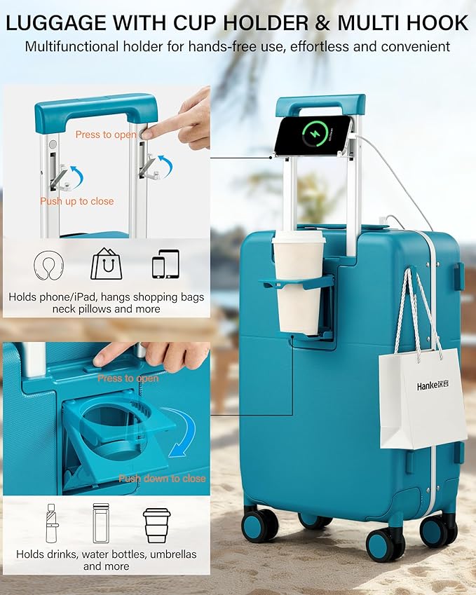 Hanke 20 Inch Top Opening Carry On Luggage, Hard Shell Suitcase with Cup Holder,USB Charging Port, Aluminum Frame with TSA Lock, 8 Spinner Wheels, Dry-Wet Separation Removable Dividers,Caribbean Blue