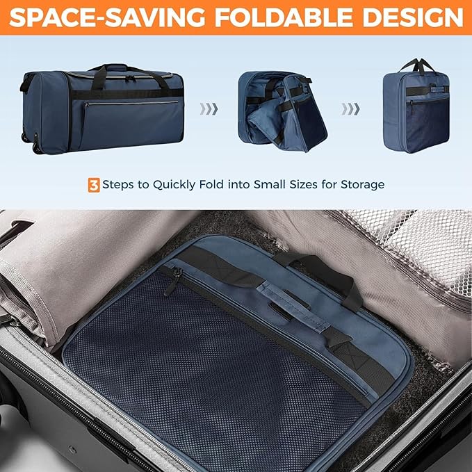80L Foldable Rolling Duffle Bag with Wheels, 28” Large Duffle Bag for Travel, Carry On Luggage Duffel Bag for Traveling/Camping/Moving, Water Resistant, Blue
