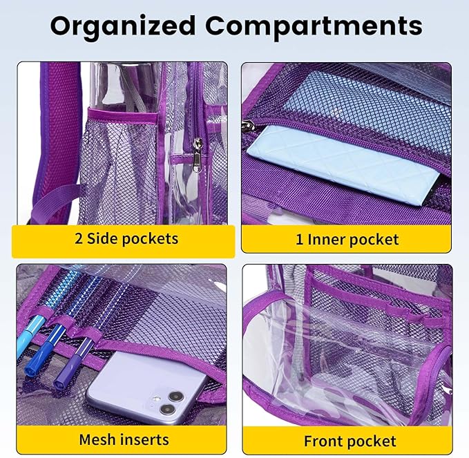 Vorspack Clear Backpack Heavy Duty PVC Transparent Backpack with Reinforced Strap Stitches & Large Capacity for College Workplace Security - Purple
