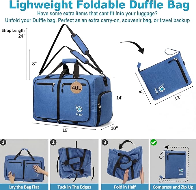 Bago Compact Duffle Bag for Travel Women & Men. Durable Lightweight Foldable Travel Duffel Bags For Traveling Women. 40L Duffle Bags a Reliable Weekender duffel or Overnight Bag With Shoe Compartment