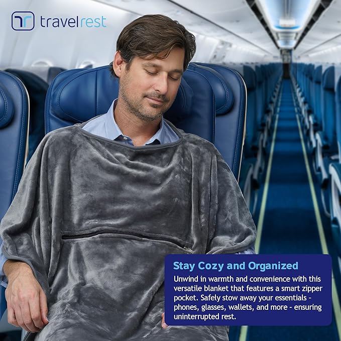 TRAVELREST 4-in-1 Travel Blanket – Wearable Blanket, Pillow & Body Wrap, Lightweight, Compact & Cozy with Carry Case, Travel Friendly, Comfort, Ideal for Airplanes, Long Flights, Road Trips - Gray