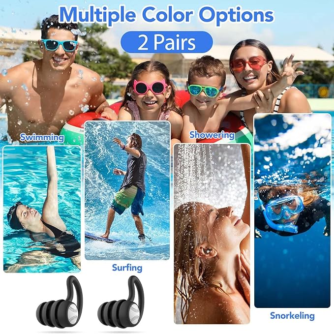 Swimming Ear Plugs Waterproof Earplugs - 3 Pairs Silicone Swim Ear Plugs for Adult Kids, Water Sports Earplugs for Showering, Bathing, Surfing - Keep Ear Water Out (Black, Black)