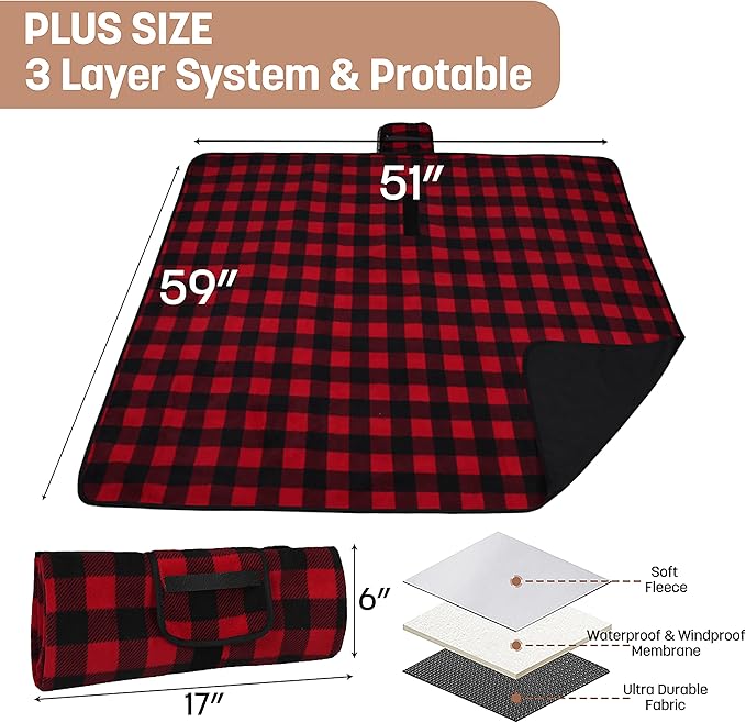 Tirrinia Waterproof Outdoor Blanket with Sherpa Lining, Windproof Triple Layers Warm Comfy Foldable for Camping Stadium, Beach, Picnic, Grass, Concerts, Car, Dog, 51''X 59'' & 59''X 80''