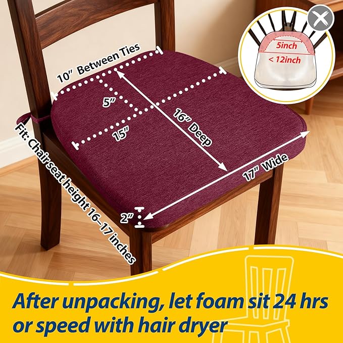 AAAAAcessories D-Shaped Chair Cushions, 2" Thick Dining Chair Pads with Ties and Removable, Machine-Washable Cover, 17" x 16", Set of 2, Wine Red