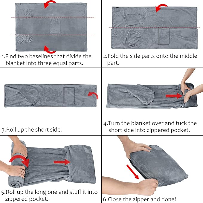 Tirrinia Travel Blanket Pillow - Wearable Airplane Blanket with Feet Pockets for Long Flights, Airplane Accessories Blanket Robe for Women and Men, Gift for Her