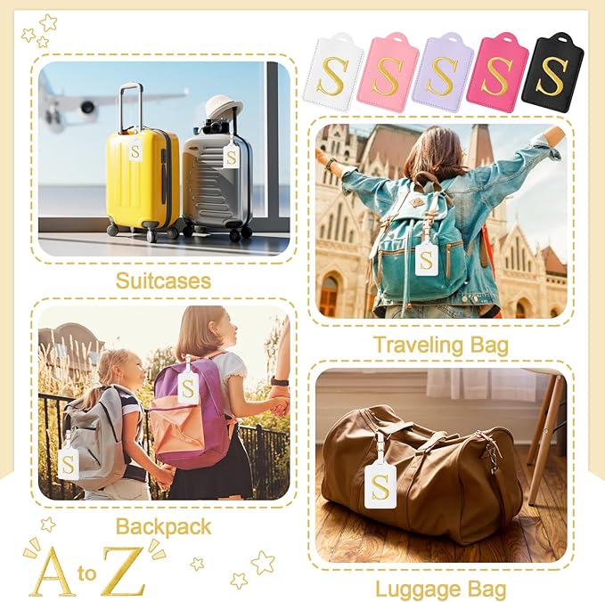 Personalized Initial Luggage Tags for Suitcases, Cute PU Leather Embroidered Letter Travel Luggage Tags, Suitcase Identifier Name Baggage Tag, Bag Tags for Men Women Kids Luggage Handbags(White S)