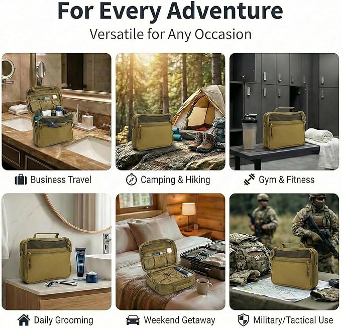 Mens Toiletry Travel Bag, Tactical Toiletry Bag for Men, Bathroom Hanging Travel Toiletry Bag for Men Shaving Hygiene Bag Travel Toiletry Organizer Short Trips Bag, Khaki
