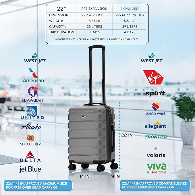 Flight Knight 22x14x9" Expandable Carry On Suitcase Hardside TSA Lock USB C Port Lightweight Luggage Silent Double Spinner Wheels Maximum Overhead Carry-On Bag For American & United Approved Airlines