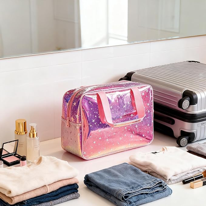 TPU Holographic Pink Star Large Cosmetic Bag 12x5x8 inch Travel Pouch with Handle,Durable Material,Zipper Design-Ideal for Makeup,Travel Essentials (9593-8)