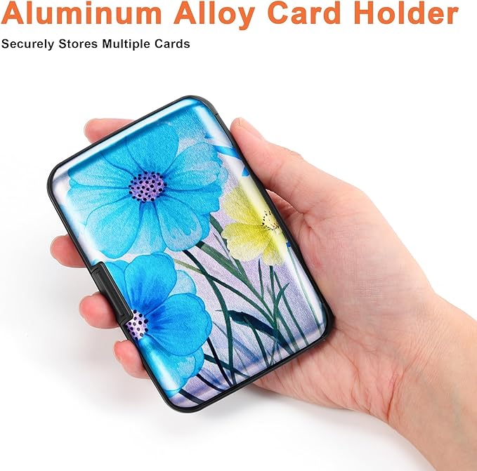 Mayski Credit Card Holder, RFID Blocking, Aluminum Alloy Hard Case, Small Mini Business Metal Wallet for Women Men, Blue Flower