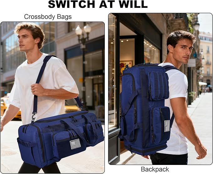 LHI 50L Tactical Duffle Bag for Men, 3-in-1 Gym Duffle and Backpack, Shoe Compartment, Laptop Sleeve and MOLLE, Carry-On Travel Weekender and Overnight Bag – Blue
