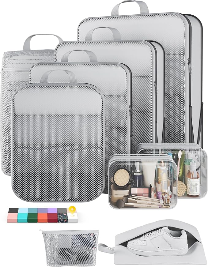 Veken 9/11 Set Compression Packing Cubes for Travel Essentials,Compressible Expandable Large Luggage Suitcase Organizer Bags for Clothing,Durable Space Saver Storage Bags with Toiletry Bags(White)
