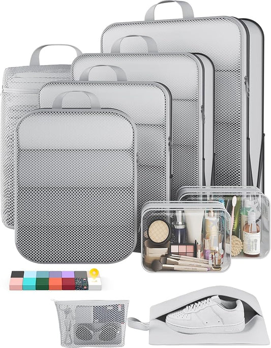 Veken 9/11 Set Compression Packing Cubes for Travel Essentials,Compressible Expandable Large Luggage Suitcase Organizer Bags for Clothing,Durable Space Saver Storage Bags with Toiletry Bags(White)
