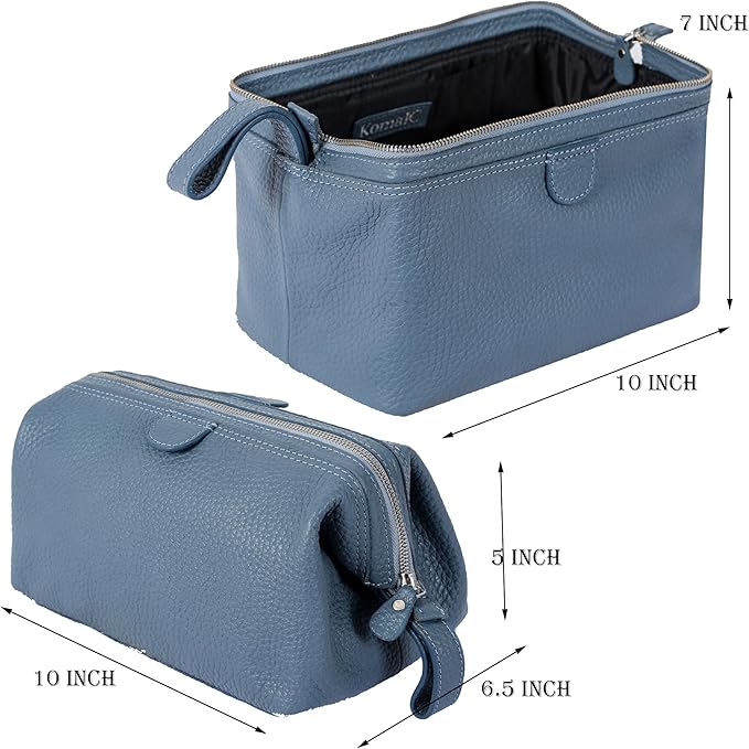 KomalC Premium Buffalo Leather Toiletry Bag for Men & Women With Water resistant Lining, Grooming Travel Pouch, Unisex Wash Bag for Toiletries, Gifts for Men and Women