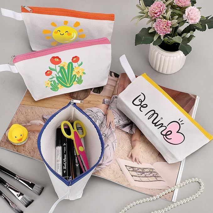 10 Pieces Cotton Canvas Makeup Bag with Bottom and Strap, Multi-Purpose Cosmetic Bag with Zipper Travel Toiletry Pouch, Blank DIY Craft Bag (Multicolor 01, XS)