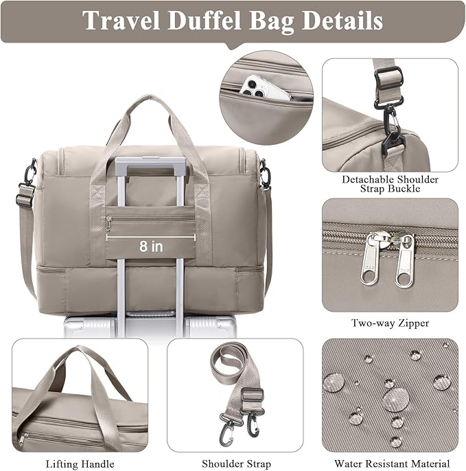 Extra Large Travel Duffle Bag,Carry on Overnight Weekend Bag with Shoes Compartment,Weekender Bags for Women for Travel Business Trips Sport Hospital,Camel