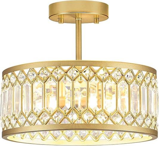Pevfah Crystal Gold Ceiling Light, 3-Light Semi Flush Light Fixture, 12 in | Flush Mount Dining Room Chandelier, Modern Light Fixture Ceiling Mount for Kitchen, Entryway, Bedroom, Bulbs Not Included