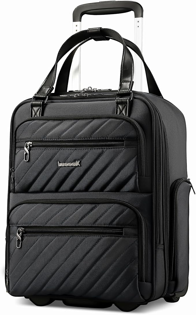 LUGGEX Underseat Carry On Luggage with Wheels, UDK Stylish Lightweight Under Seat Luggage, Soft Sided Personal Item Suitcase for Short Trip (UX-Core, All Black, 16 Inch)