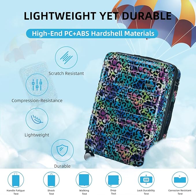 LARVENDER Luggage Sets 6 Piece, Expandable Luggage Hardside PC+ABS Leopard Suitcase Sets with Spinner Wheels TSA Lock, Lightweight Rolling Suitcase for Men and Women, Leopard Multicolor