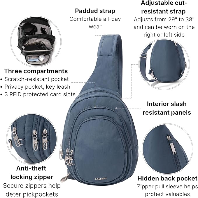 Baggallini Securtex® Anti-Theft Multi Zip Sling - Lightweight 8.6"x15.2" Travel Bag with Locking Zippers & RFID Protection