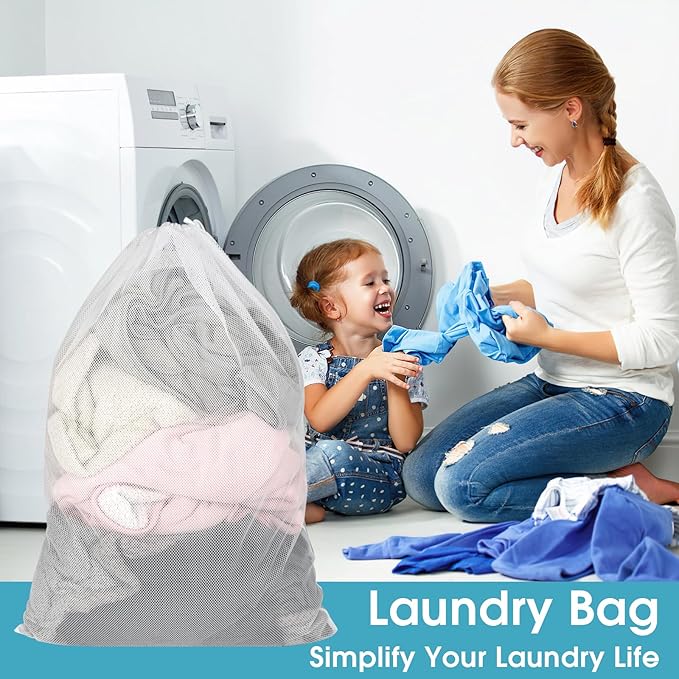 3 Pack Mesh Laundry Bags, 23 x 34 Inches Heavy Duty Mesh Laundry Bag, Large Laundry Drawstring Bag for College, Dorm, Travel, Family and Apartment Dwellers, White
