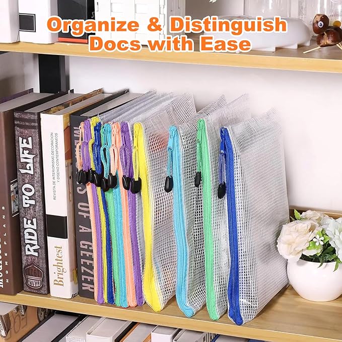 Mesh Zipper Pouch Bags: Clear Zipper Pouches for Classroom, Plastic Mesh Bag Letter Size Document Pouch, A4 Waterproof Organizing Pouch for School and Office Supplies (13.5 x 9.5Inch, 12PCS, 6 Color)