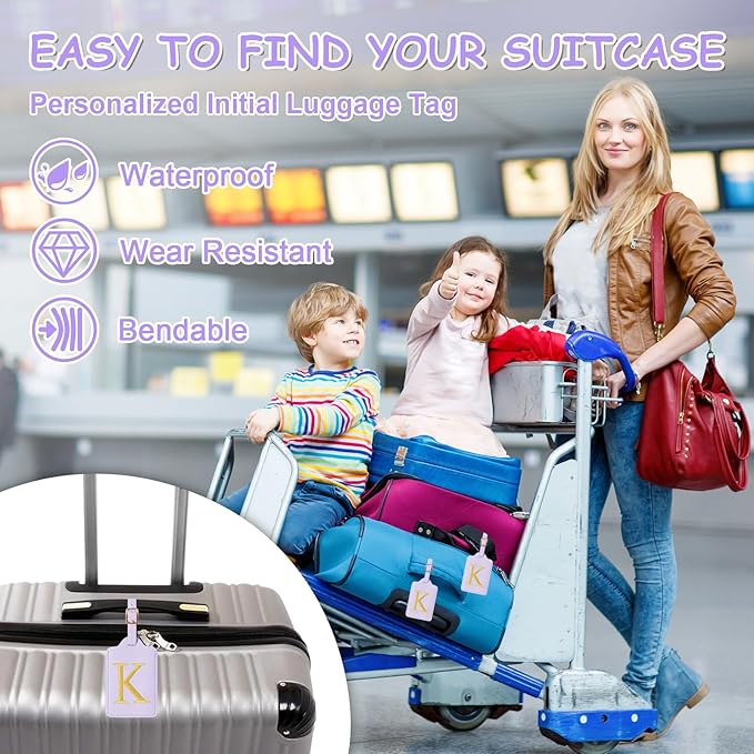 Personalized Initial Luggage Tags for Suitcases, Cute PU Leather Embroidered Letter Travel Luggage Tags, Suitcase Identifier Name Baggage Tag, Bag Tags for Men Women Kids Luggage Handbags(Purple K)