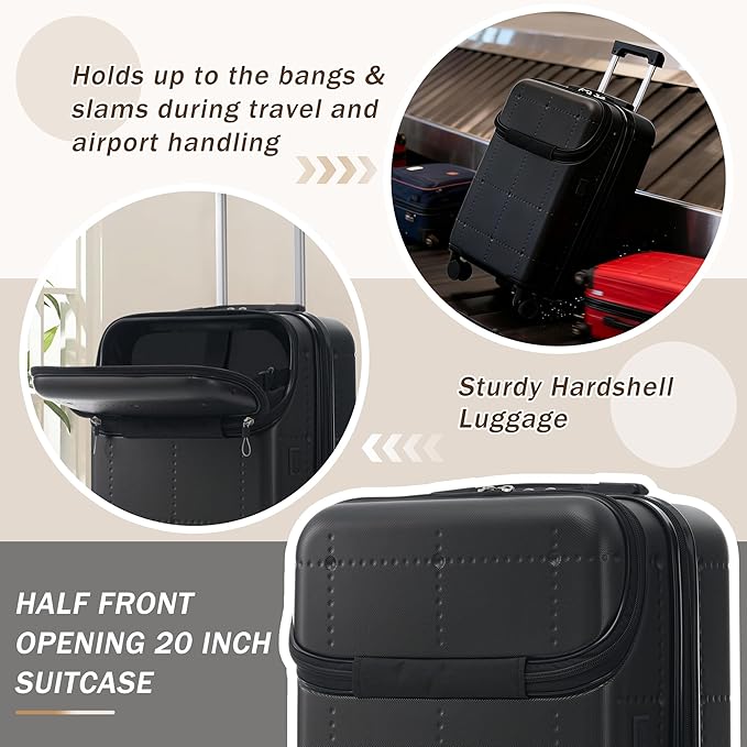 Merax Luggage Sets,5 Piece Front Half-open Hardshell Expandable Suitcase Set with Spinner Wheels and Duffel Bags,Lightweight Carry on Luggage with USB Port,20/24/28IN,Black-1