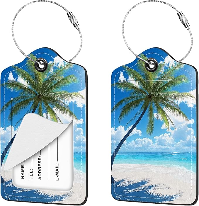 2 Pcs Luggage Tag for Suitcases, Beach Tree Cute PU Leather Suitcase Tag Privacy Cover Name ID Label with Metal Loop, Personalized Baggage Identifier for Women Cruise Bag Travel Essentials