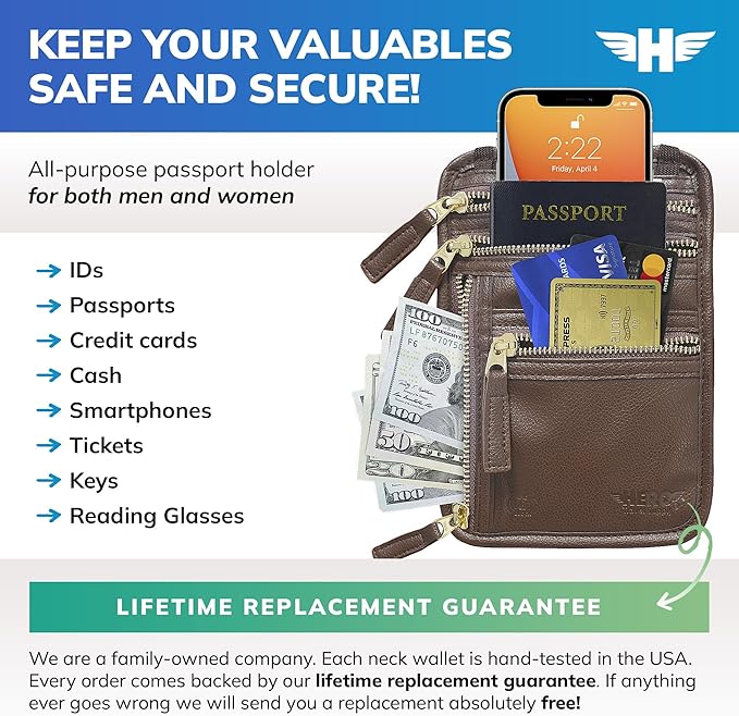 HERO Neck Wallet - RFID Blocking Passport Holder, Easy to Conceal Travel Puch (Vegan Leather Brown)