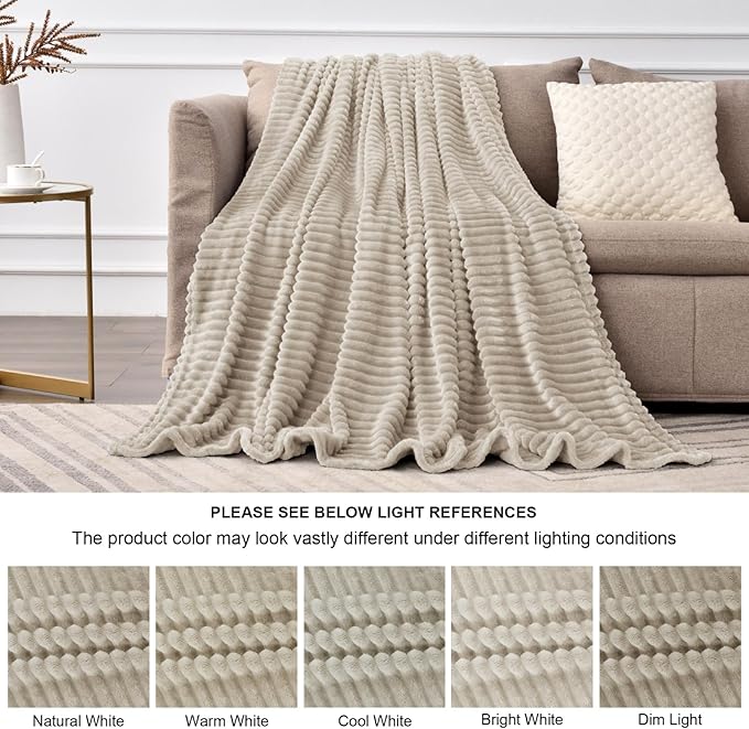 BEDELITE Fleece Blanket Full Size – 3D Ribbed Jacquard Soft and Warm Decorative Fuzzy Blankets – Cozy, Fluffy, Plush Lightweight Throw Blankets for Couch, Bed, Sofa(Linen, 84x90 inches)