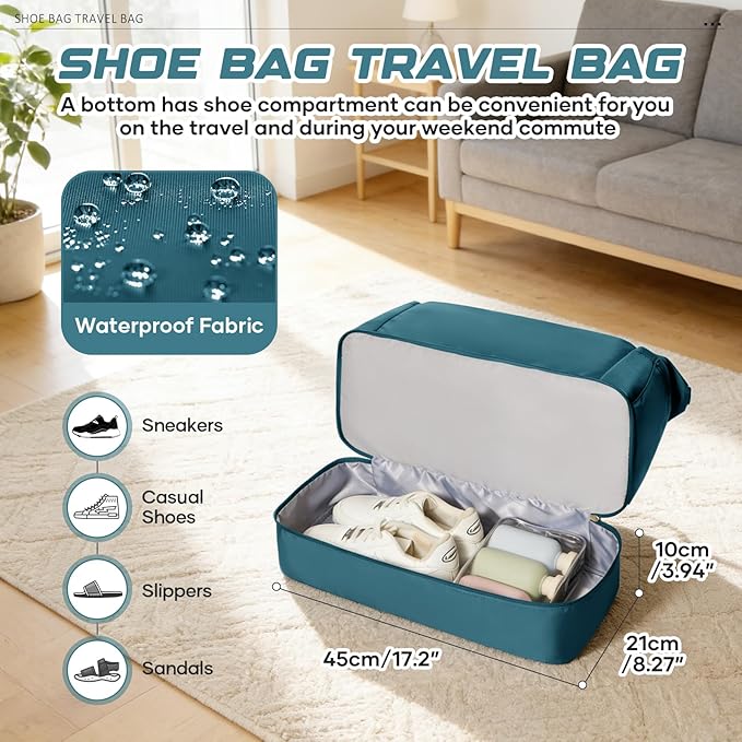 Travel Duffel Bag with Shoe Compartment, Large Weekender Bags for Women Men with Trolley Sleeve for Airplane, Waterproof Carry on Bag Sport Tote Bags Hospital Holdalls, Peacock Blue
