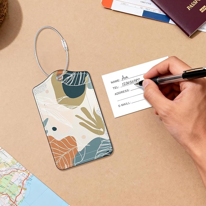 2 Pack PU Leather Luggage Tags for Suitcases, Privacy Protection Cover with Stainless Steel Loop and Address Card, Travel Cruise Essentials (Bohemia)