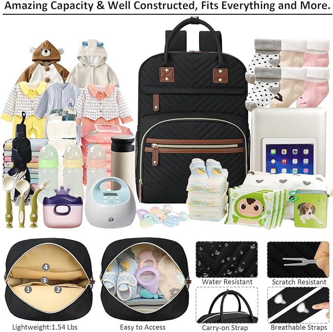 Tenot Diaper Bag Backpack for Women Large Capacity with Insulated Pockets Multifunctional Diaper Bags For Baby Girl Boy Waterproof Baby Bags For Mama Maternity Travel Bag Black