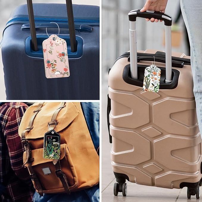 Rimilak 3 Pcs PU Leather Luggage Tags for Suitcase, Travel Cruise Luggage Tag with Privacy Flap, Name ID Label and Metal Loop for Women Men Baggage Handbag School Bag Backpack, Daisy Flowers