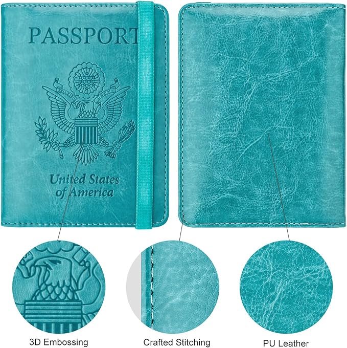 WALNEW Passport Holder for Travel, RFID Passport Cover Wallet for Women Men, PU Leather Passport Book Card Holder Case with Pen (Elastic Band Closure, AA-Brown+Blue)