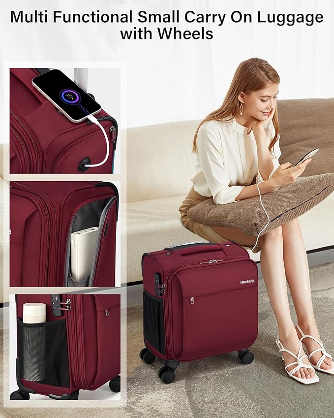 Hanke 16 Inch Underseat Carry On Luggage with Wheels Small Suitcase Softside Luggage Bags for Travel Lightweight Suitcases with Wheels Travel Luggage Personal Item for Men and Women(Burgundy)