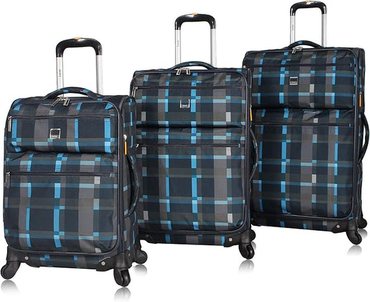 LUCAS Designer Luggage Collection - 3 Piece Softside Expandable Ultra Lightweight Spinner Suitcase Set - Travel Set includes 20 Inch Carry On, 24 Inch & 28 Inch Checked Suitcases (Old School Navy)