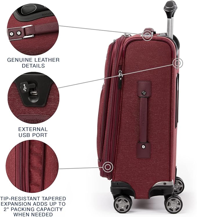 Travelpro Platinum Elite Softside Expandable Carry on Luggage, 8 Wheel Spinner Suitcase, USB Port, Suiter, Men and Women, Bordeaux Red, Carry On 21-Inch