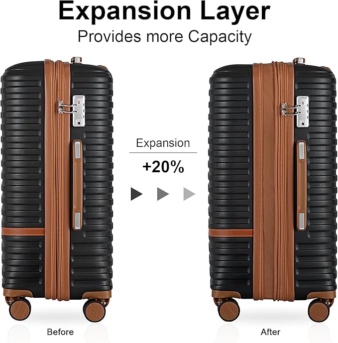 Joyway Carry On Luggage 20 Inch Expandable Suitcase with Spinner Wheel, 4 Piece Hard Shell Luggage Set with TSA Lock(Black brown)