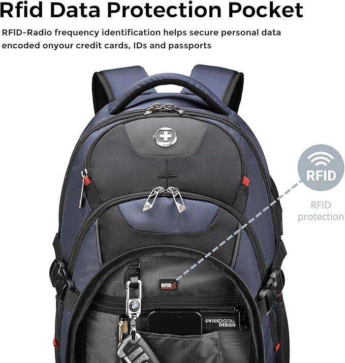 Swissdigital Design Laptop Backpack with USB Charging Port, Travel Backpack Fits 15.6 inches Computer, 31L College School Backpack for Men, Blue/Black | SD803-12 | Water Repellent