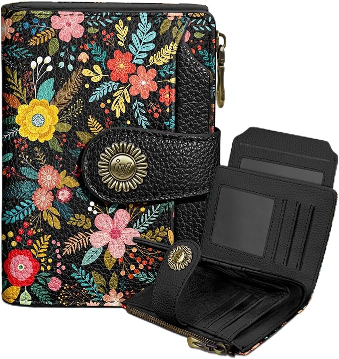 Icycay Floral Flowers Small Wallet Women RFID Blocking Bifold, Credit Card Holder, Zipper Coin Pocket, PU Leather, Compact, Travel, 4 ID Window, 14 Card Slots, Cash Purse, Ladies Woman Female Girls