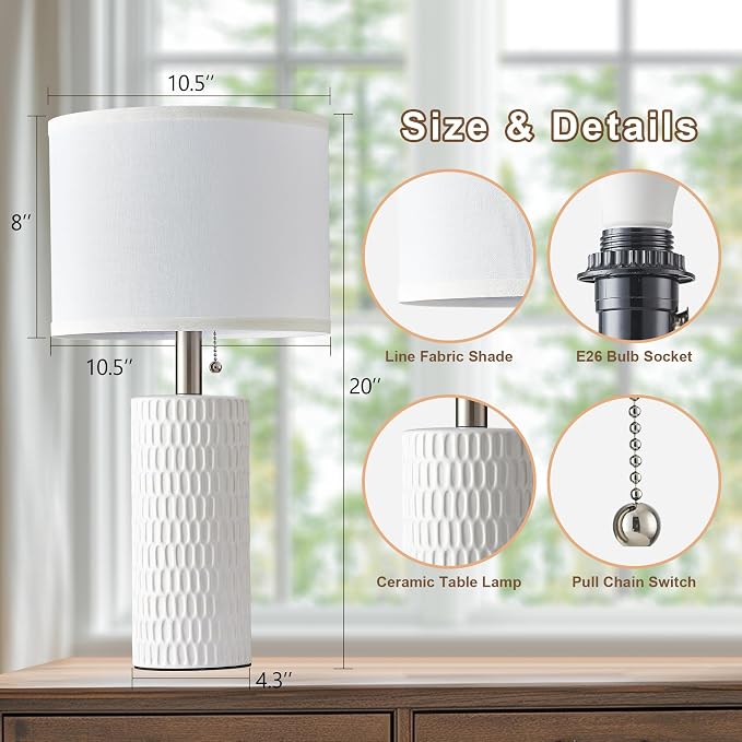 Reaketon 20" Modern Ceramic Table Lamps for Bedroom Set of 2, Small Table Lamps for Night Stands, Living Room, Home Office and Hallways, White