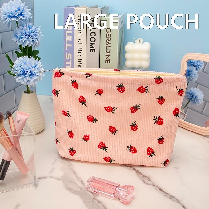 Makeup Bag Large Cotton Zipper Pouch for Purse Travel Canvas Make Up Organizer for Women Cosmetic,Strawberry Pink